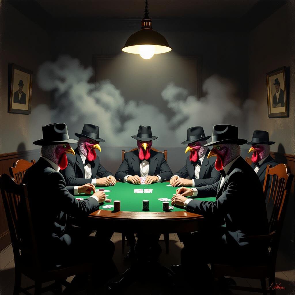 A gaslit smoky backroom where a group of turkeys dressed like gangsters are playing poker around an oak card table
