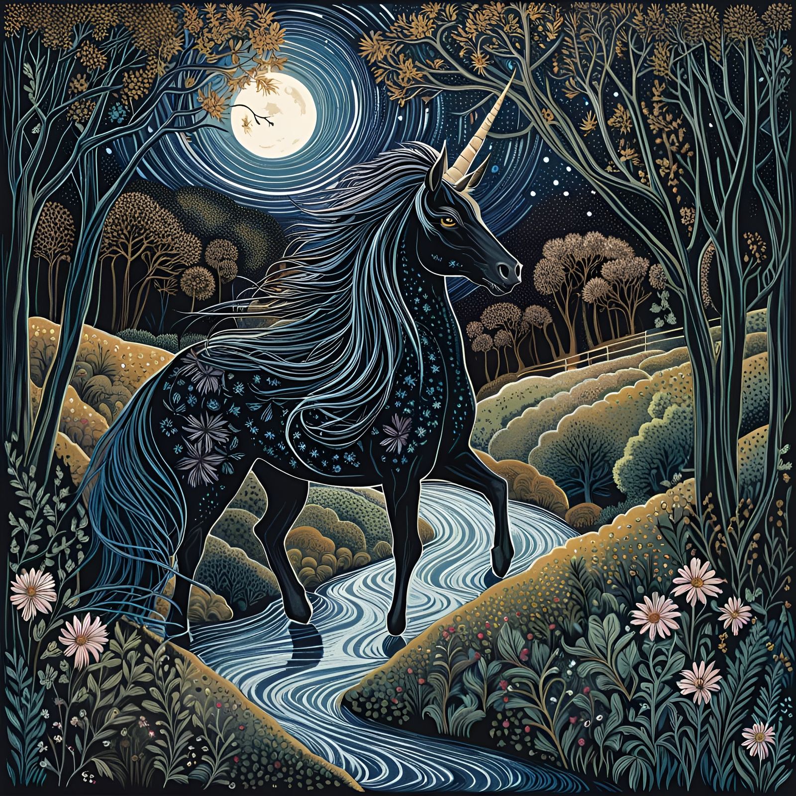 Black beautiful unicorn in dark wild gorge with trees glitte...