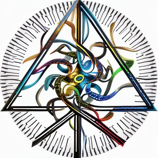 snake entwined archangels pointing surrounding flames multic...