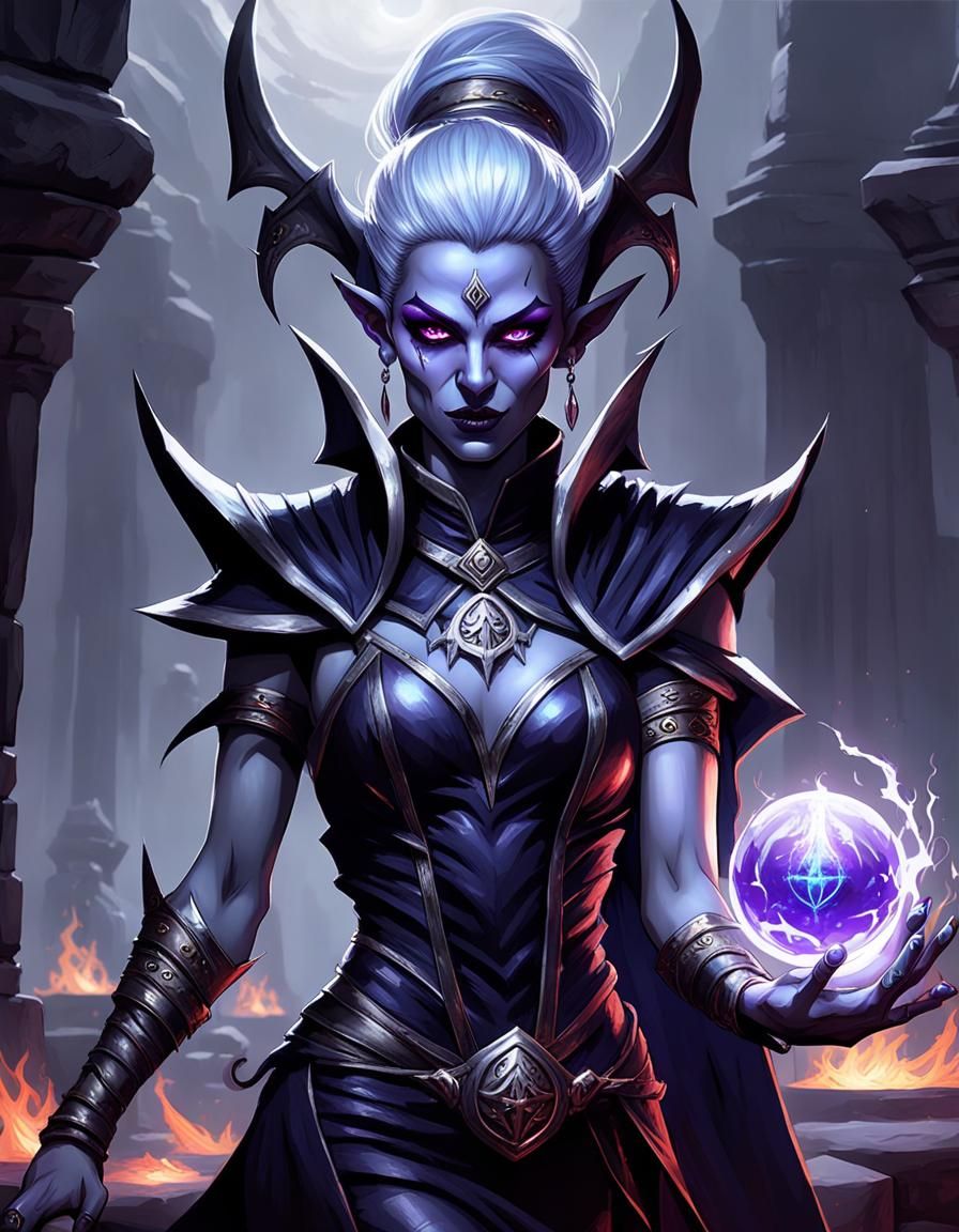 Dark Elf sorceress depiction with magic orb. Pale blue skin, purple ...