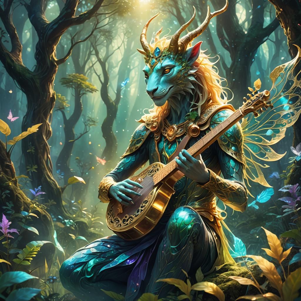 Mythical Creature Plays Instrument in Iridescent Forest