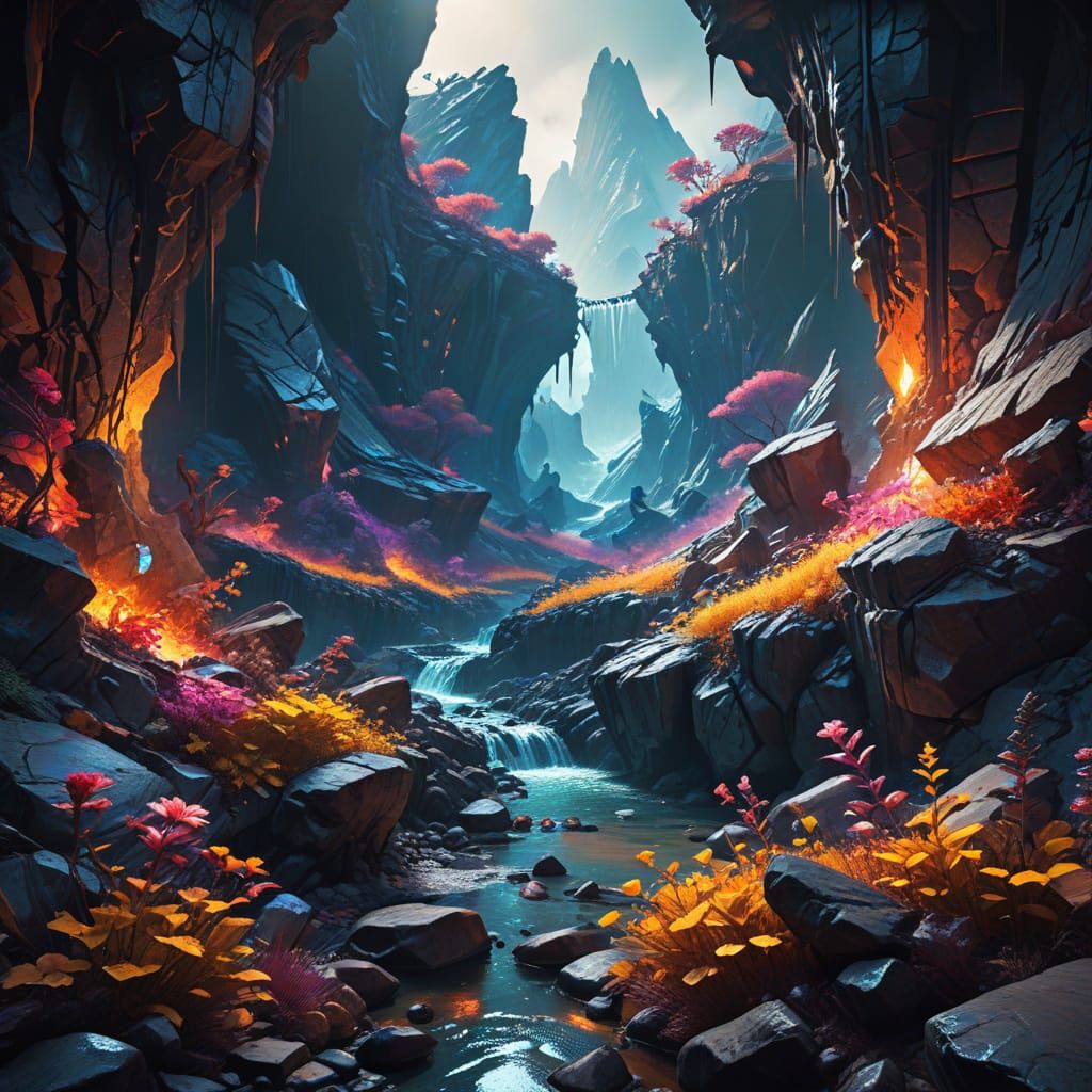 Surreal Collapsing Landscape with Vibrant Ecosystem