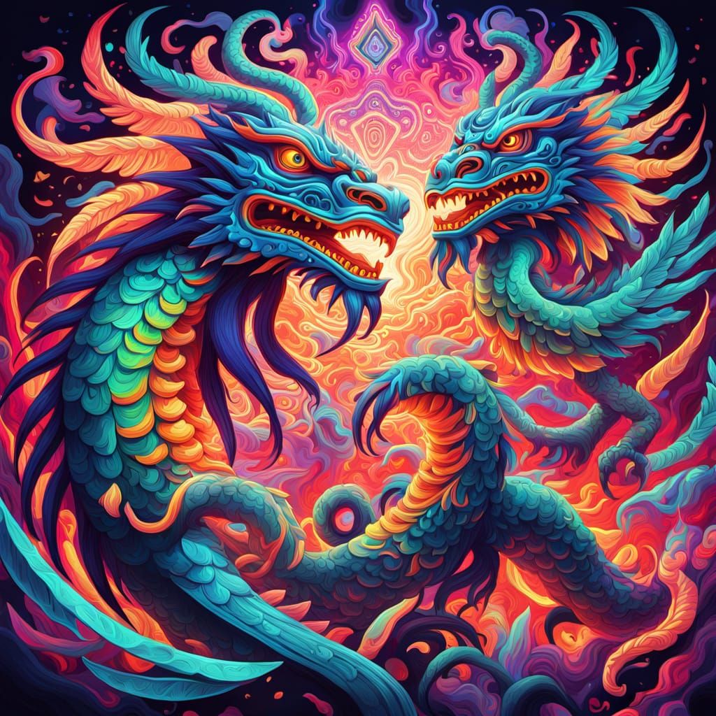 Kali and Quetzalcoatl Dance in Neon Dreamscape