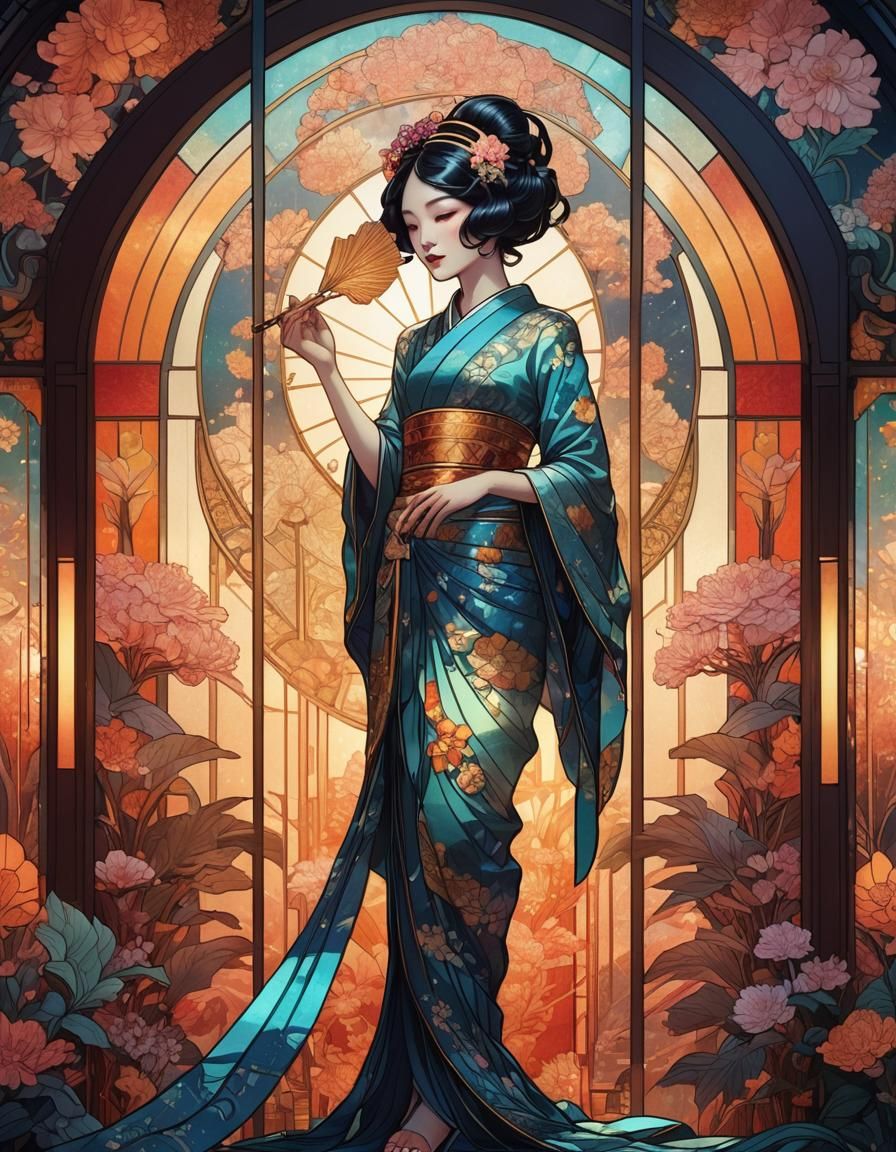 Art Deco Stained Glass Geisha: Hyperrealistic Digital Art