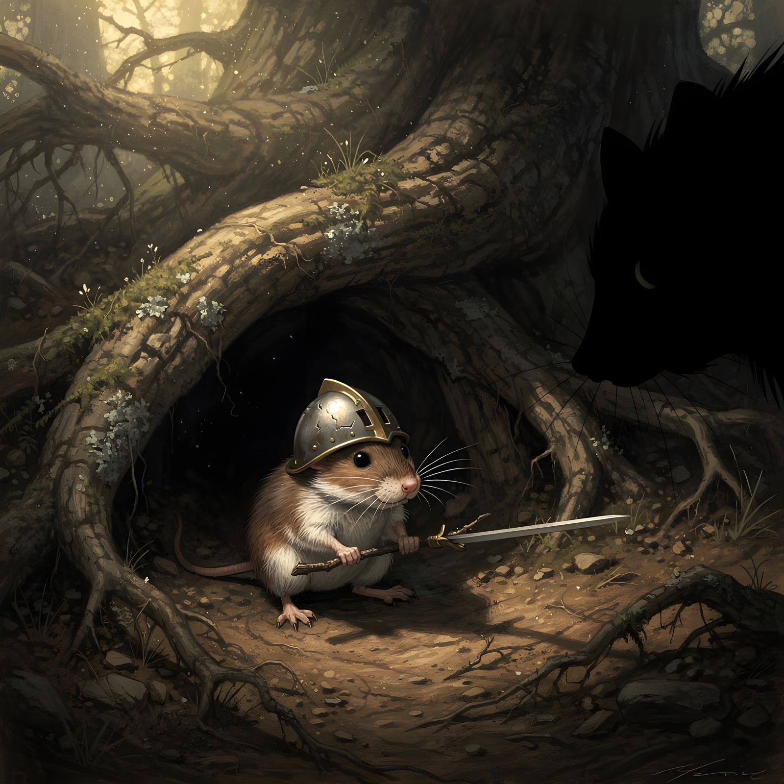 Shrew Knight Defends Burrow From Shadows in Dark Fantasy Style  by @Evan Fischer