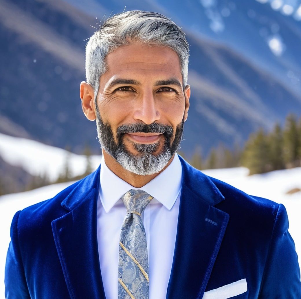 A handsome silver-haired man wearing a blue velvet suit