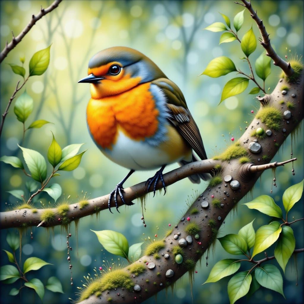 <lora:The Divine Flux:1.0> Vibrant, hyperrealistic portrait of a robin perched on a delicate, moss-covered tree branch, surrounded by lush, ...