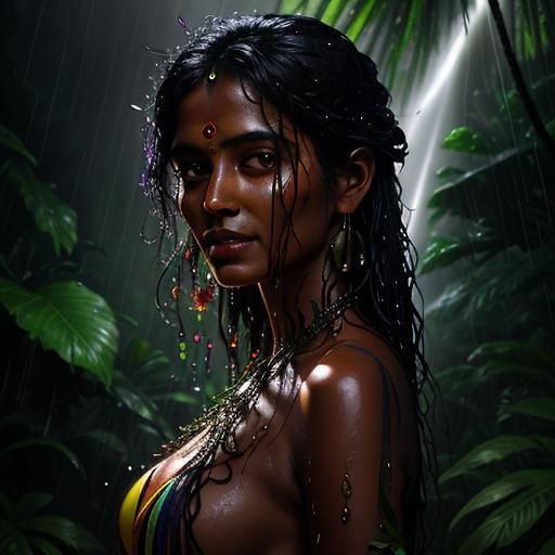 Portrait of open breasty indian girl in the jungle is full o...