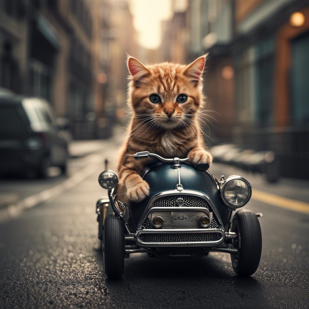 cat riding a mini kar fast