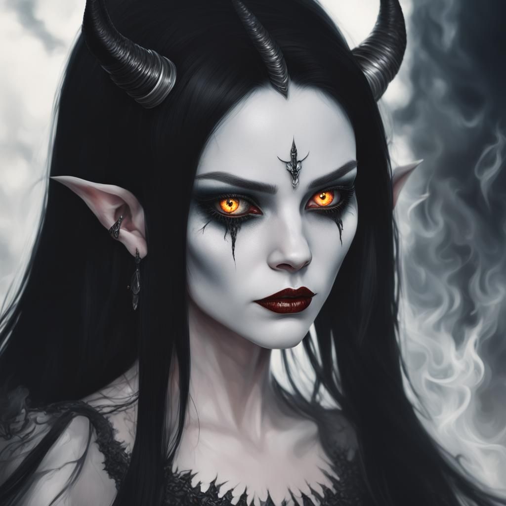 Evil Female Demon With Long Black Hair And Brown Eyes With Smoking 