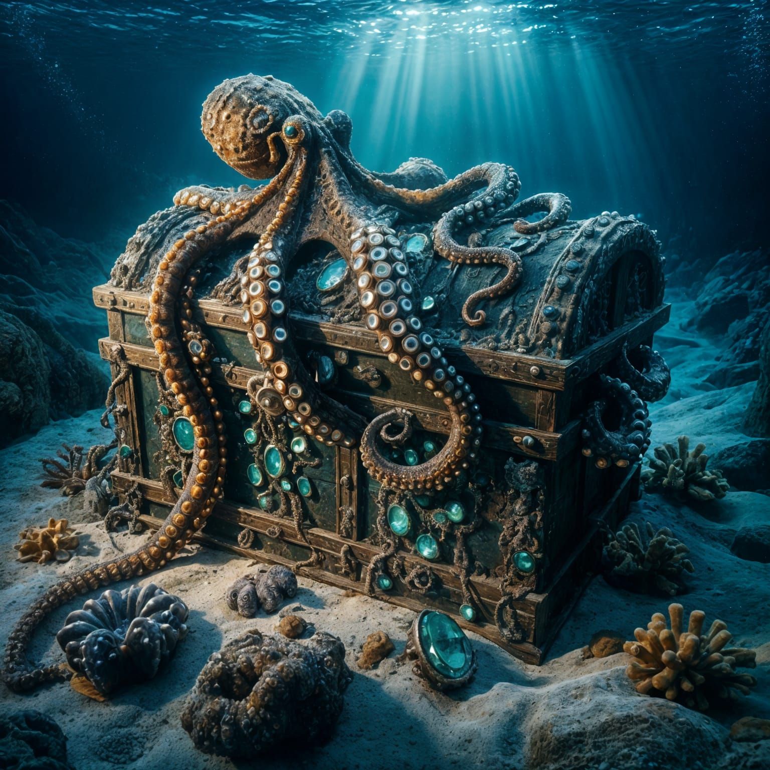 Barnacled chest lies deep in ocean trench.
Encrusted with jewels, glowing faint sea light.
Octopus coils ...  by @KomBib