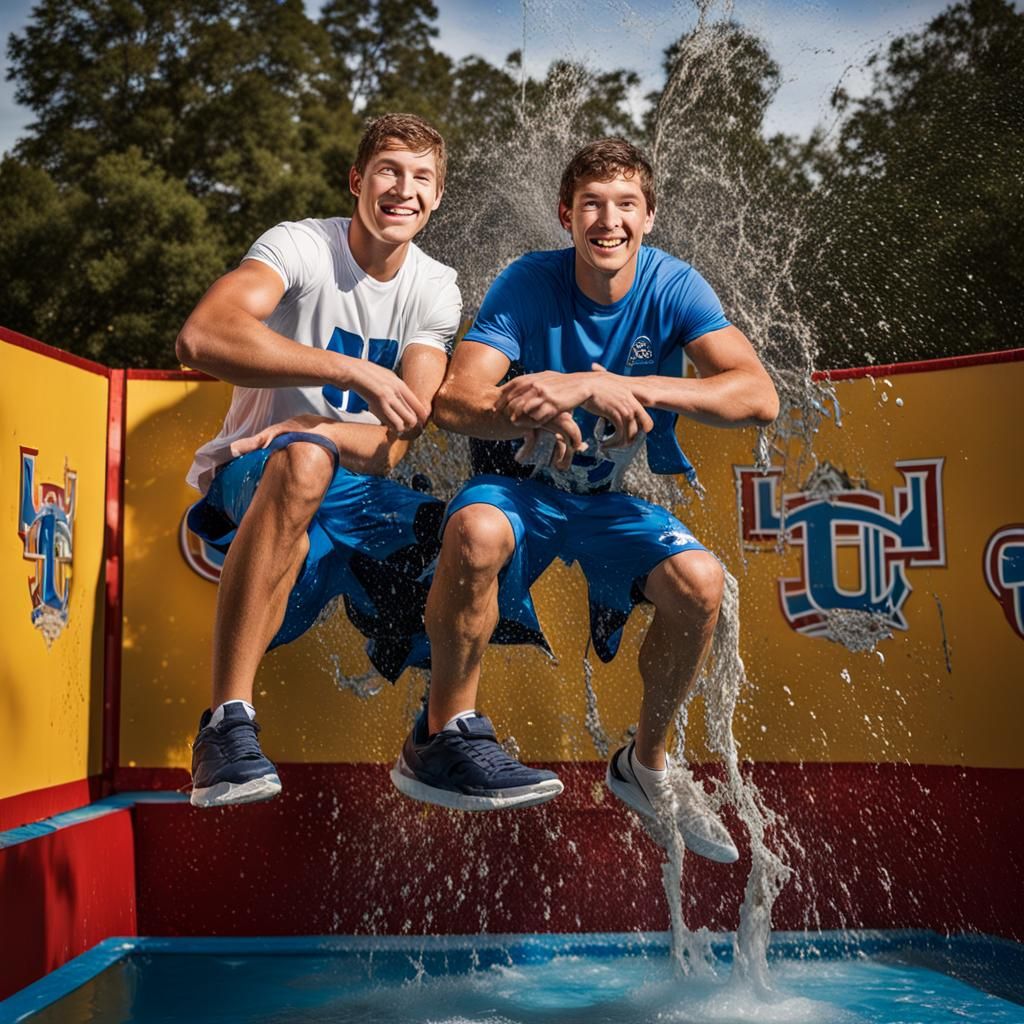 two college fraternity brothers on seat above dunk tank gett...