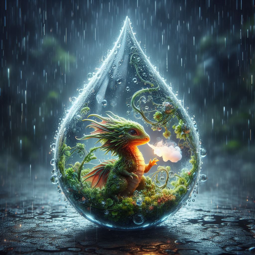 Baby Dragon Safe in a Raindrop💧