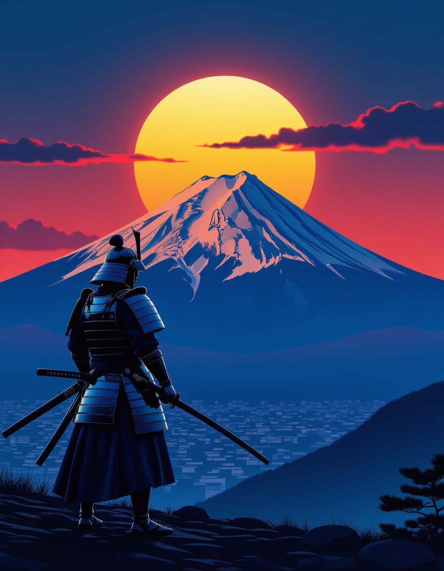 A lone samurai, incredibly realistic with detailed armor reflecting the dim light, stands silhouetted against a dramatic night sky. In the b...