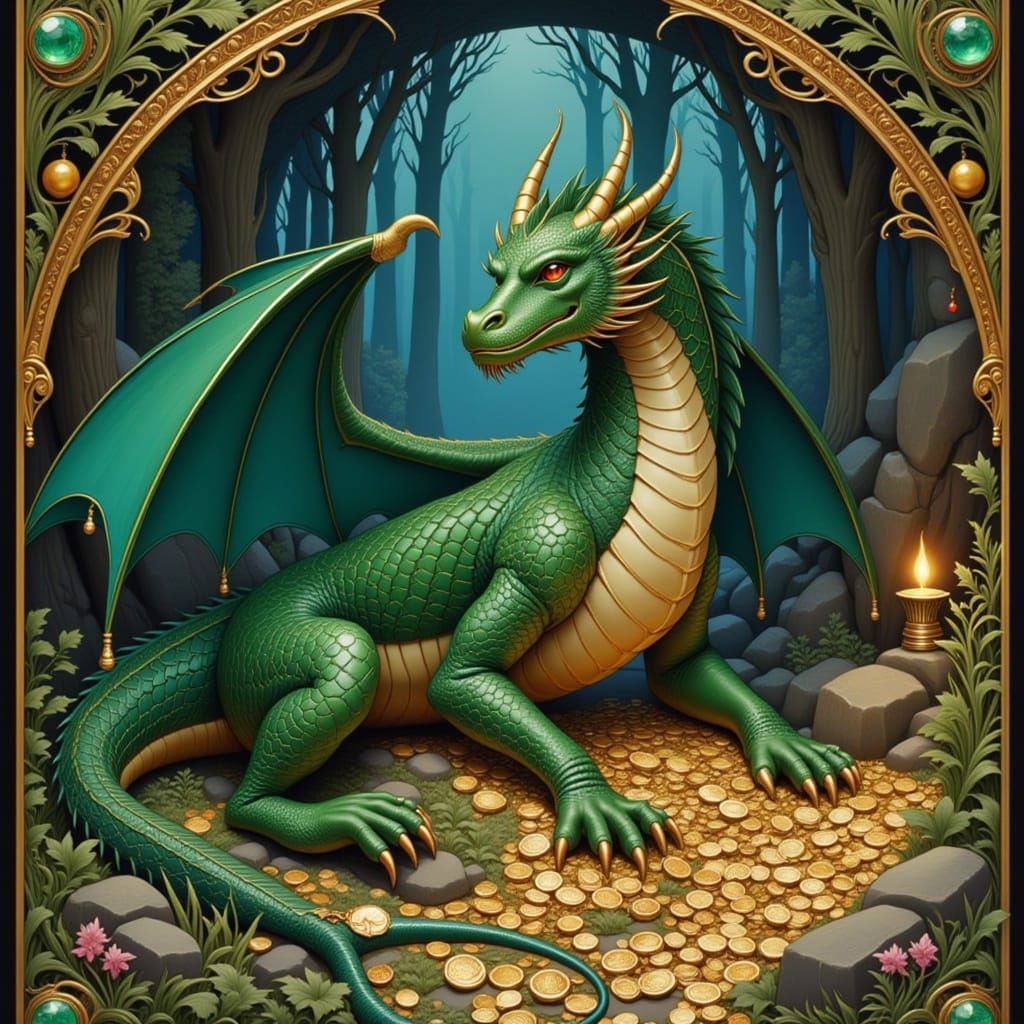 <lora:Bilibin:1.0>A perfectly shaped, anatomically correct dragon crouches on a pile of gold and gems in a dark cave in the style of Ivan Bi...