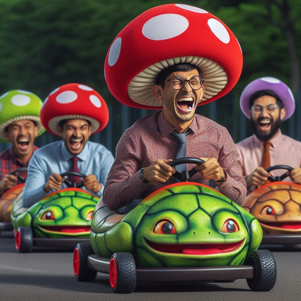 the crazy mushroom races in a car in the shape of a snail and beats the other participants laughing madly