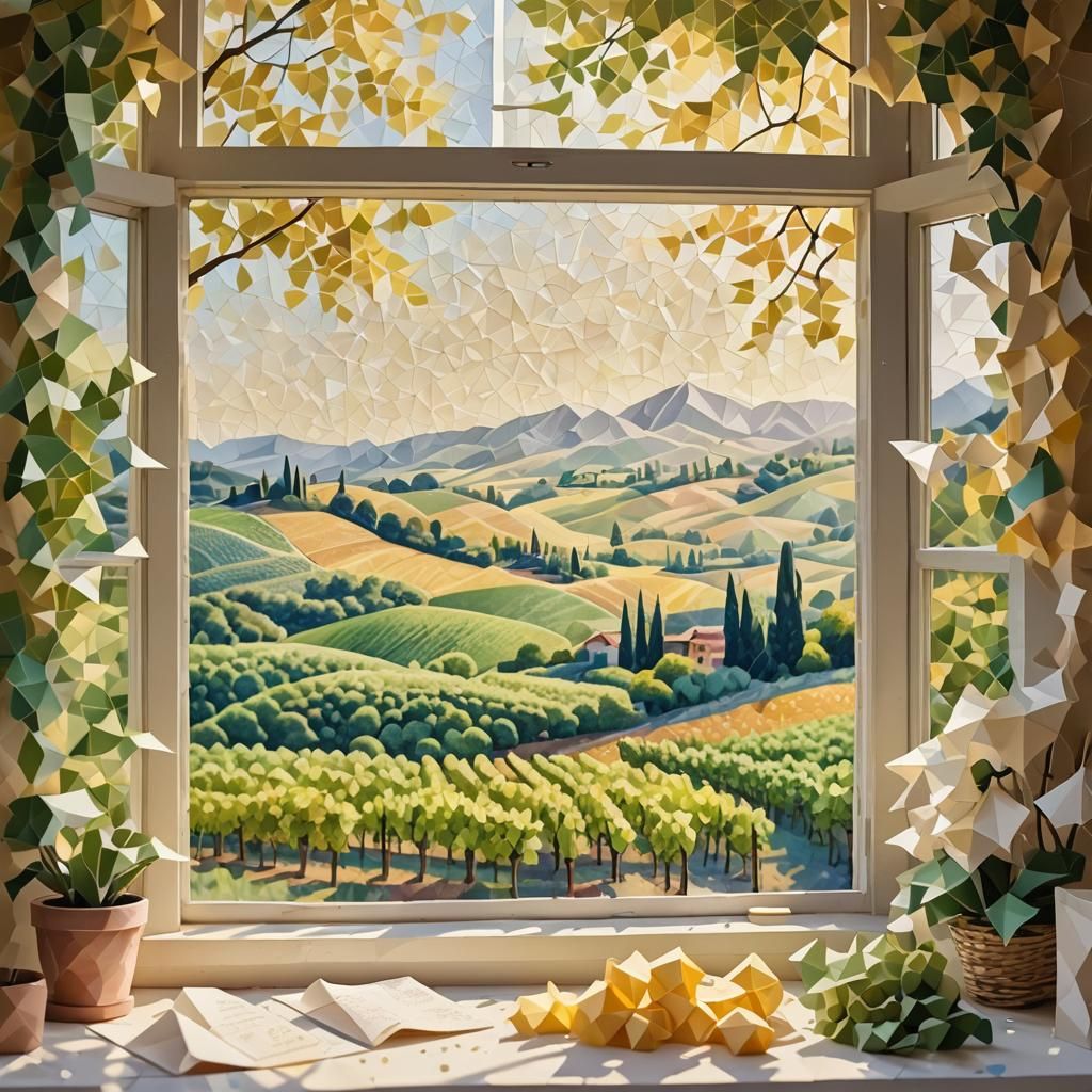 Origami Vineyard View in Pointillism Style