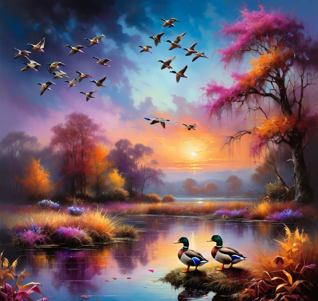 Group of Mallard Ducks on a small pond