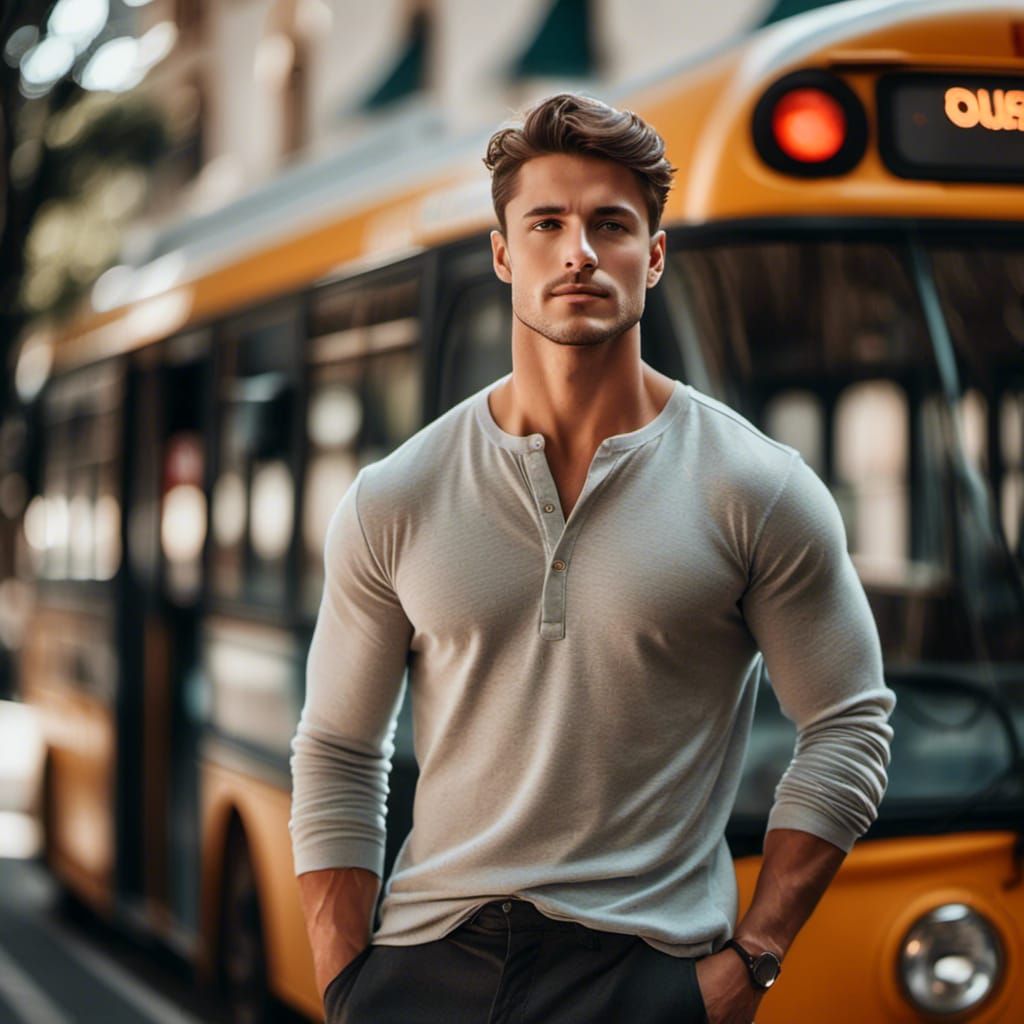 <lora:Holy MOley:1.0> A handsome man in a Henley shirt, leaning against a bus stop