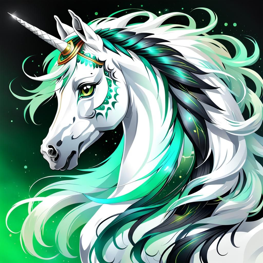 White horse shiny long flowing mane and tail with black trib...