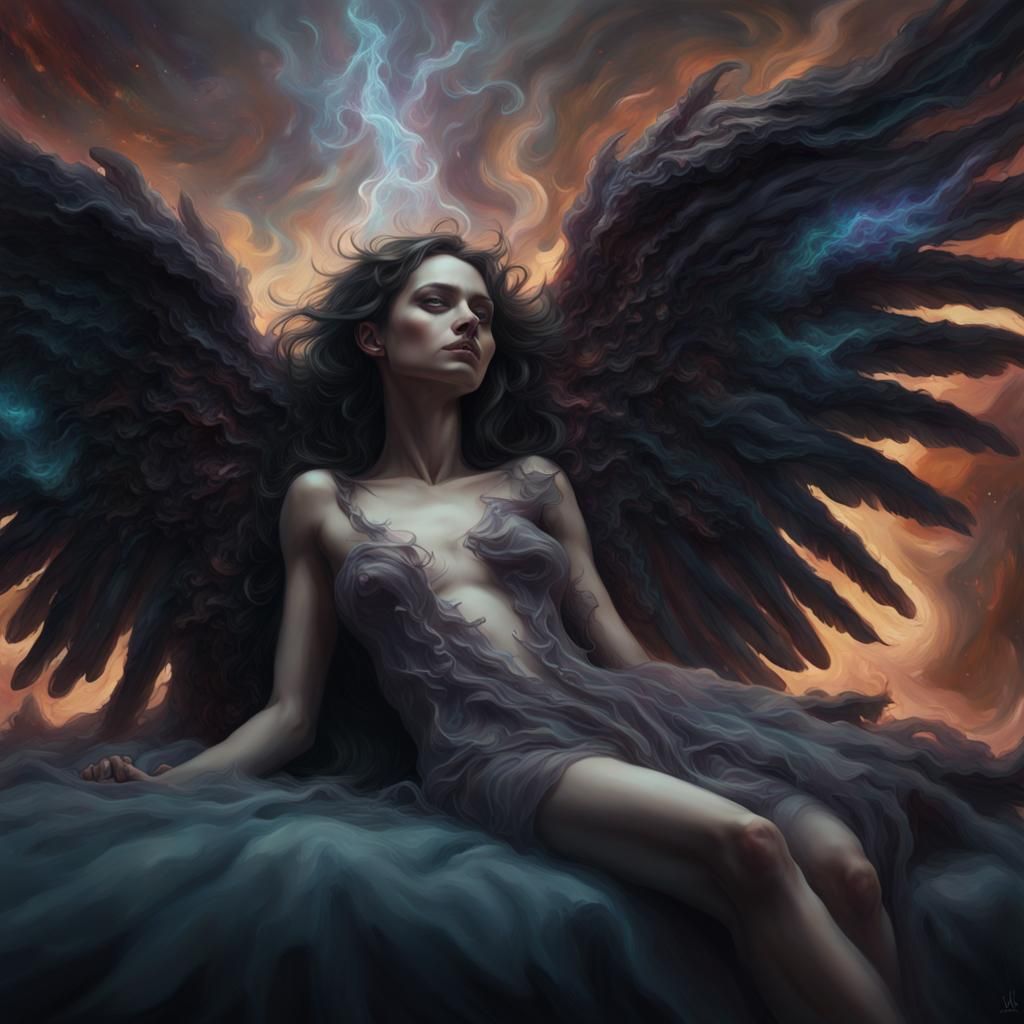 resting on a bed of angel wings, undead aura, detailed universe ...