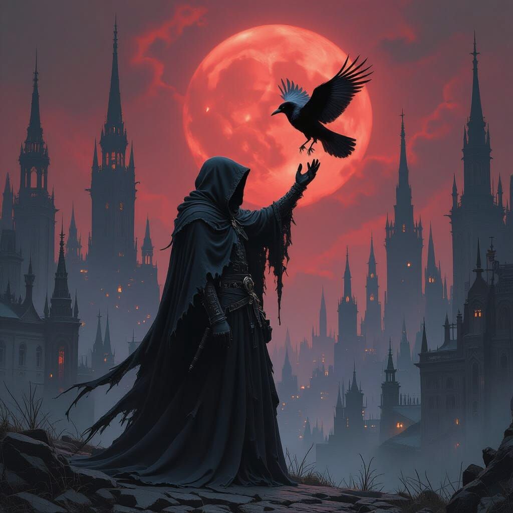 Amidst a sprawling, gothic metropolis, a lone figure stands cloaked in shadows, their form gradually merging with the da...