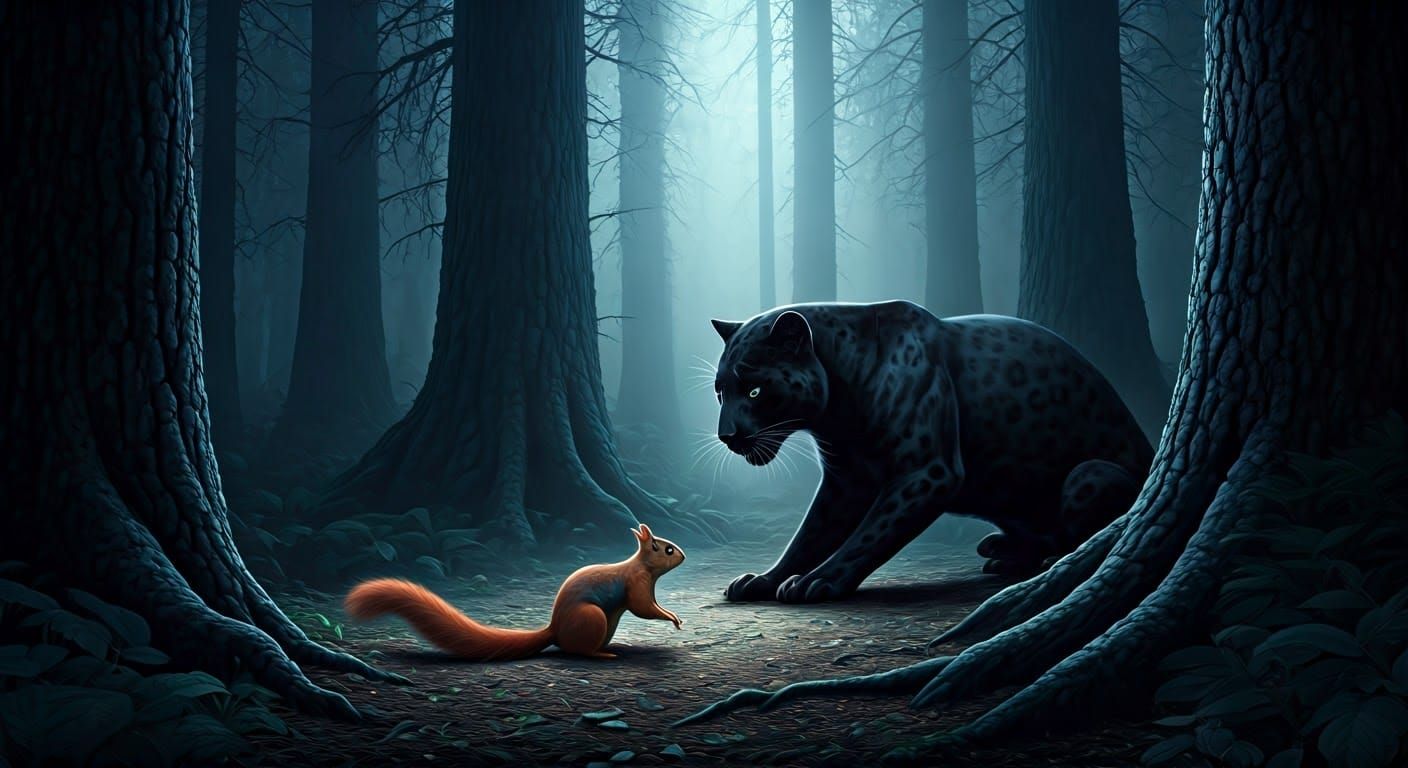 Black panther playing with a squirrel in the forest by moonl...