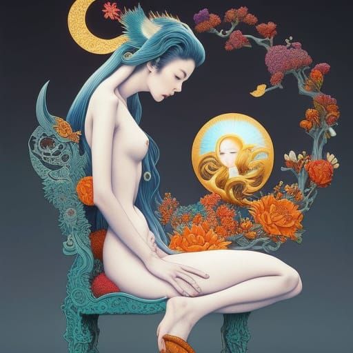 woman in Surreal artisanal chair made entirely of Sun and Mo...