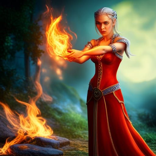 A female elven sorceress is holding a burning ember of fire made with ...