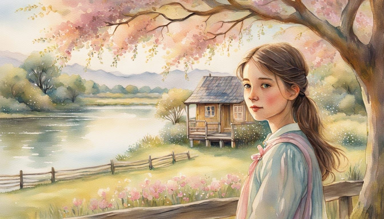 Dreamy Watercolor Portrait of Girl with Acacia Tree