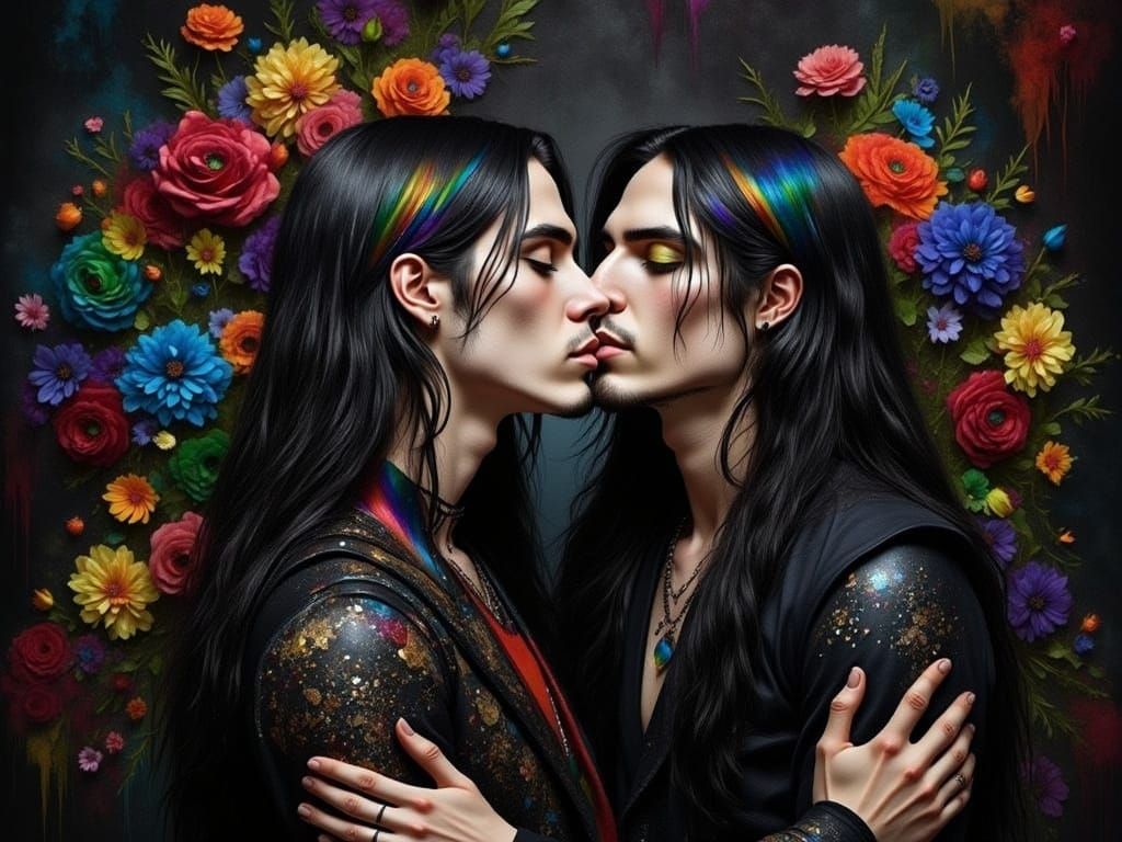 <lora:Rainbow Intensity:1.0> Artistic painting portrait of a long haired young sweet men hugging and kissing, goth metalheads, flowers, flor...