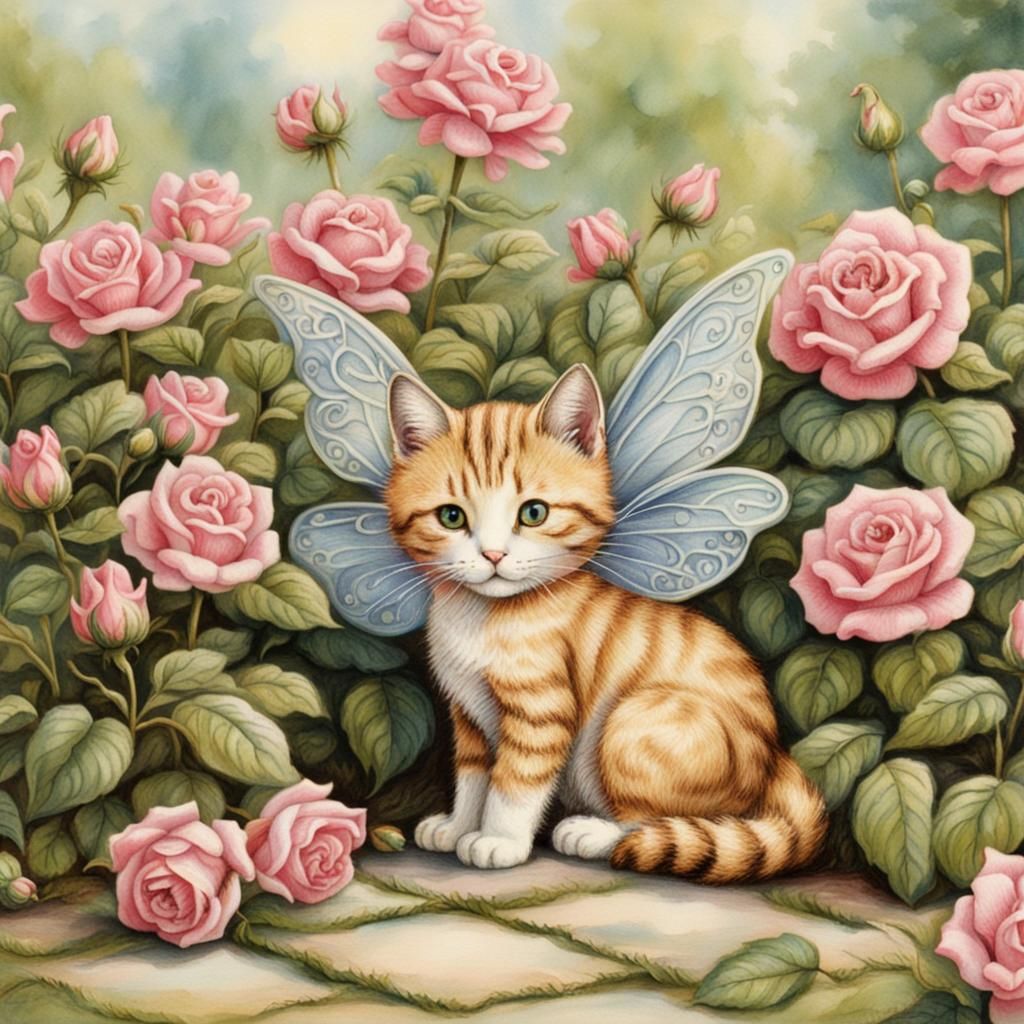 Winged kitten the Cicely mary barker's style.