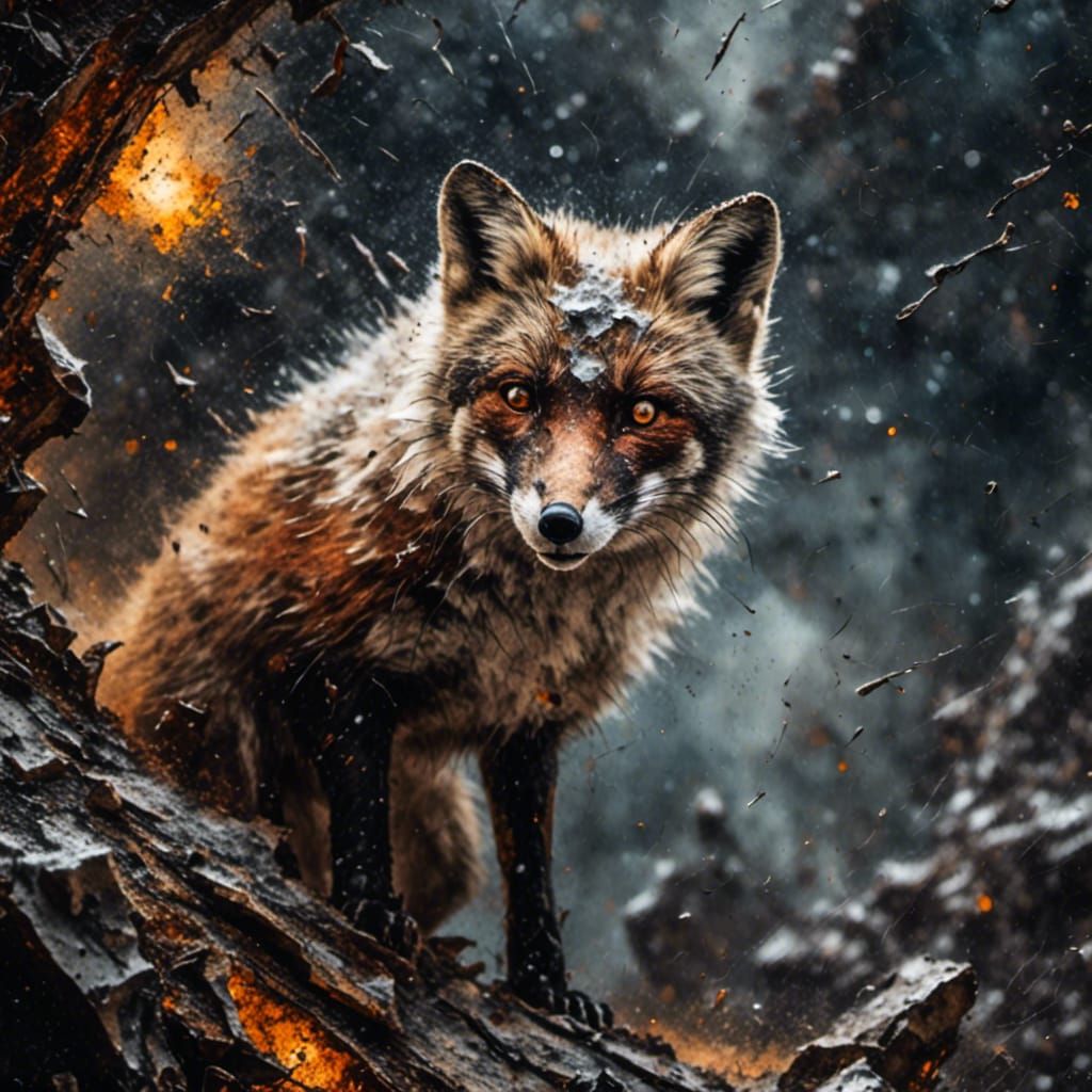<lora:Decrepit Rust:1.0>a Grungy oil painting of a back lit epic view of an arctic fox ready to pounce in a frozen tundra while snowing, HDR...