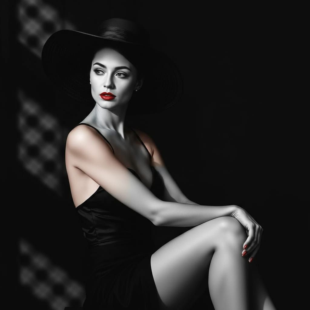 Black and white photo, a portrait with a black background and checkered shadows. A woman sits with her head bowed, wearing a large, elegant ...