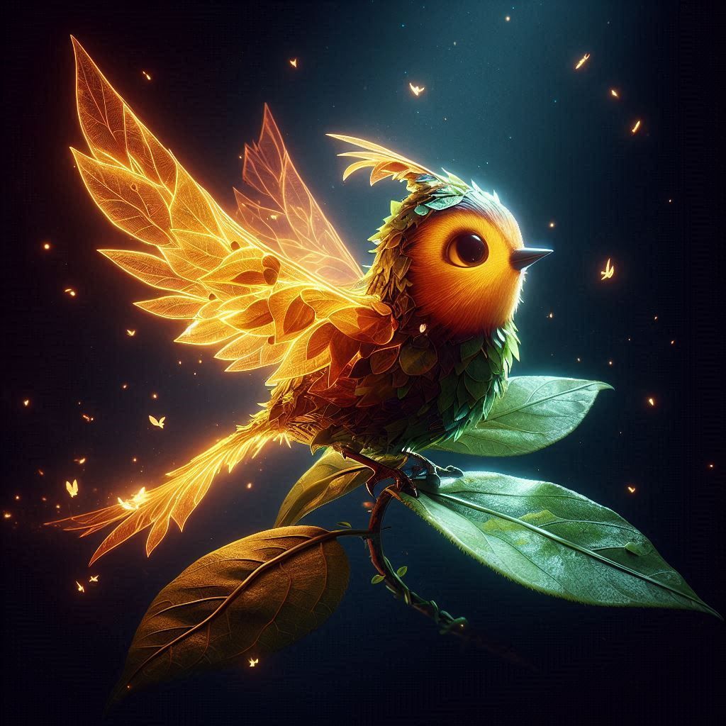 Bird made of leaf, pixar style