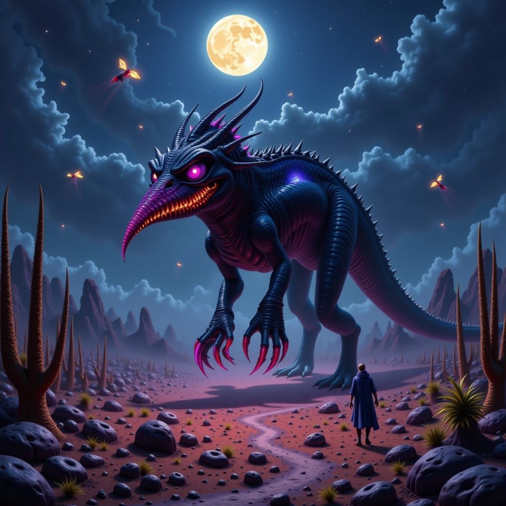 An aigamuxa stalks a lone traveler through a desolate desert at night.