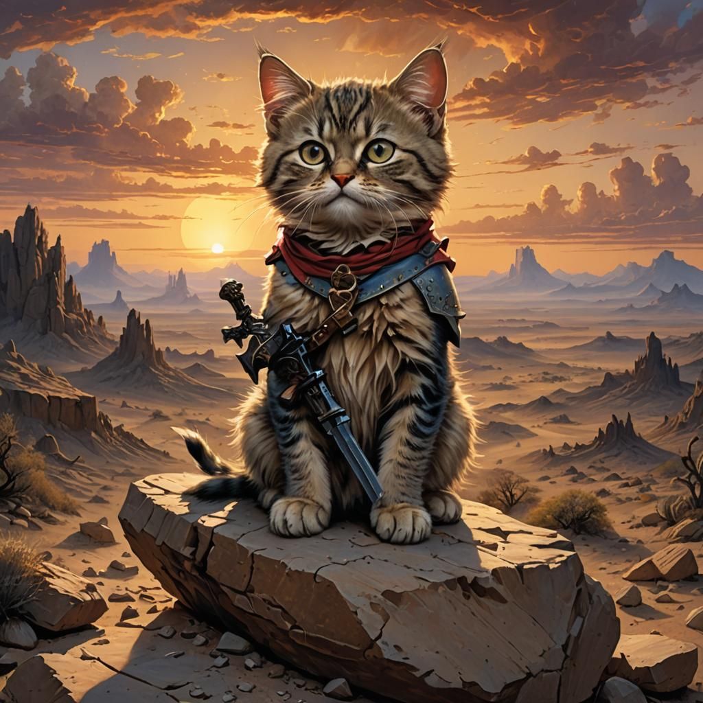 A Grumpy Kitten with a weapon sitting on a rock, stunning de...