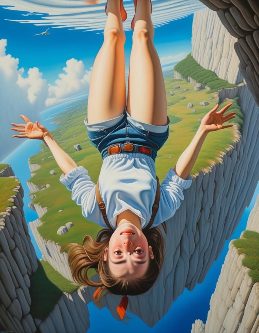An upside-down young girl fall down under the sky