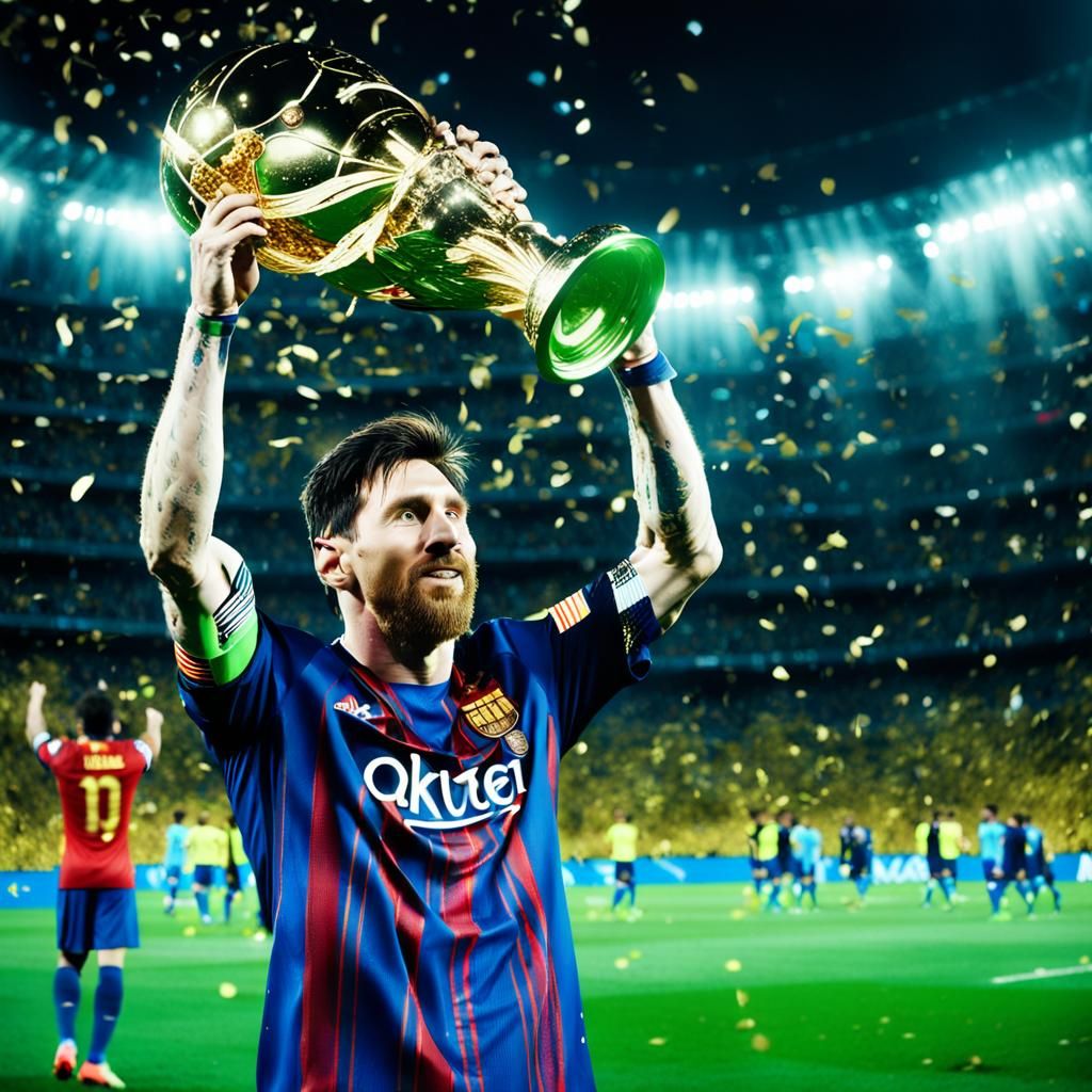 Lionel Messi Lifts World Cup Trophy: Vivid Digital Art