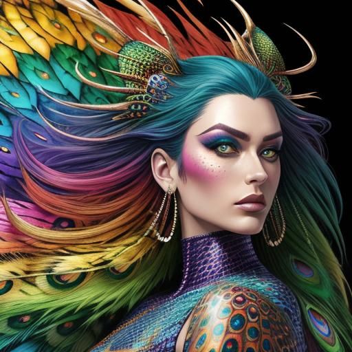 Beautiful woman colourful rainbow dragon scales. Peacock hai...