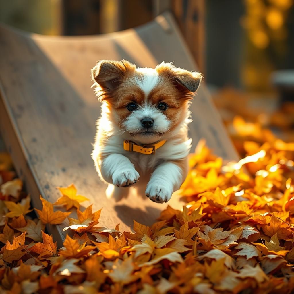 A small dog jumping off a slide into a large pile of leaves ...