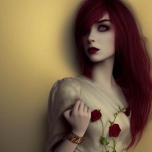 young woman, sad, gothic, horror, gold lighting, soft lighti...