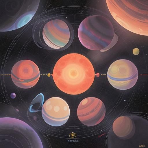 A vibrantly colored solar system with 12 planets of all diff...