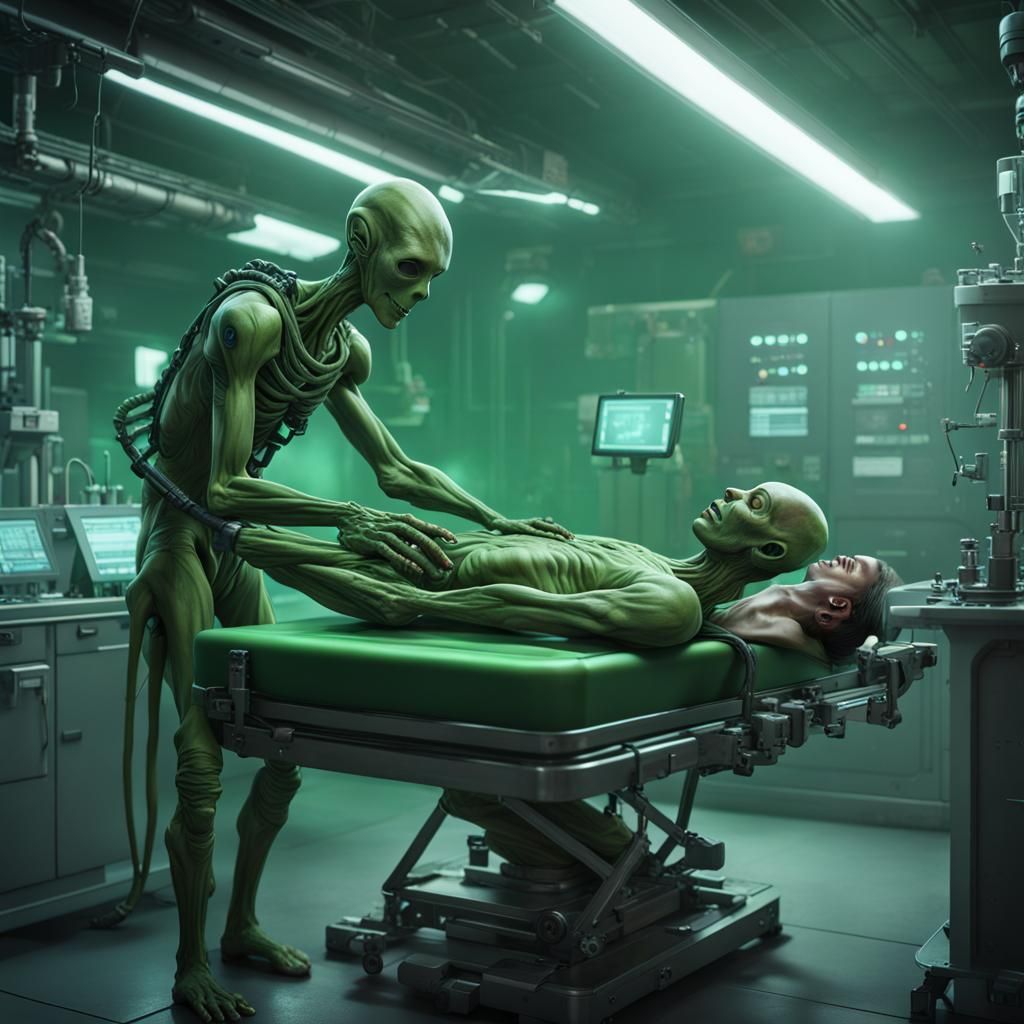 Green aliens working in futuristic laboratory; human male st...