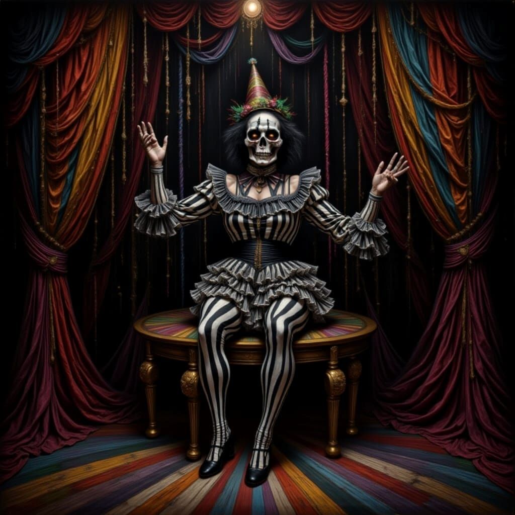 <lora:Circus Intensity:1.0> exquisite scene of a circus  setting on stage, skull make up, zombie, decaying, horror circus, colorful cabaret,...