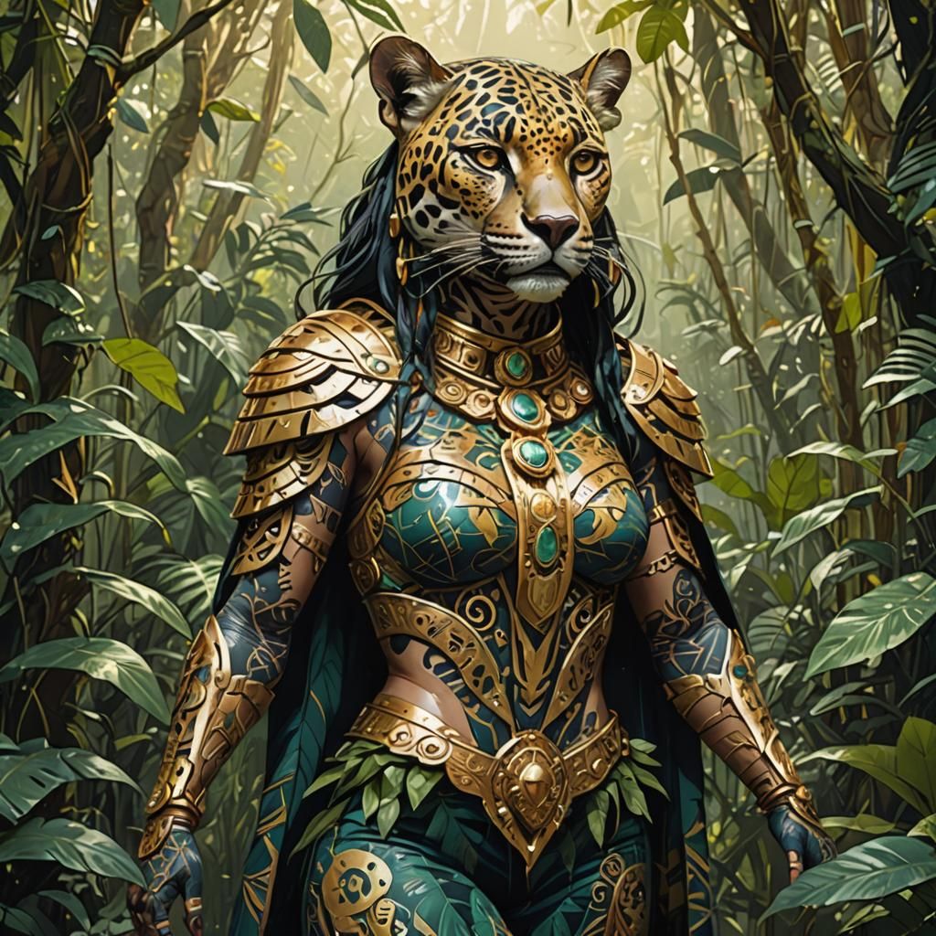 anthropomorphic female jaguar aztec warrior, standing in the jungle, wearing a cape, golden outlines, highly detailed, intricate motifs, org...