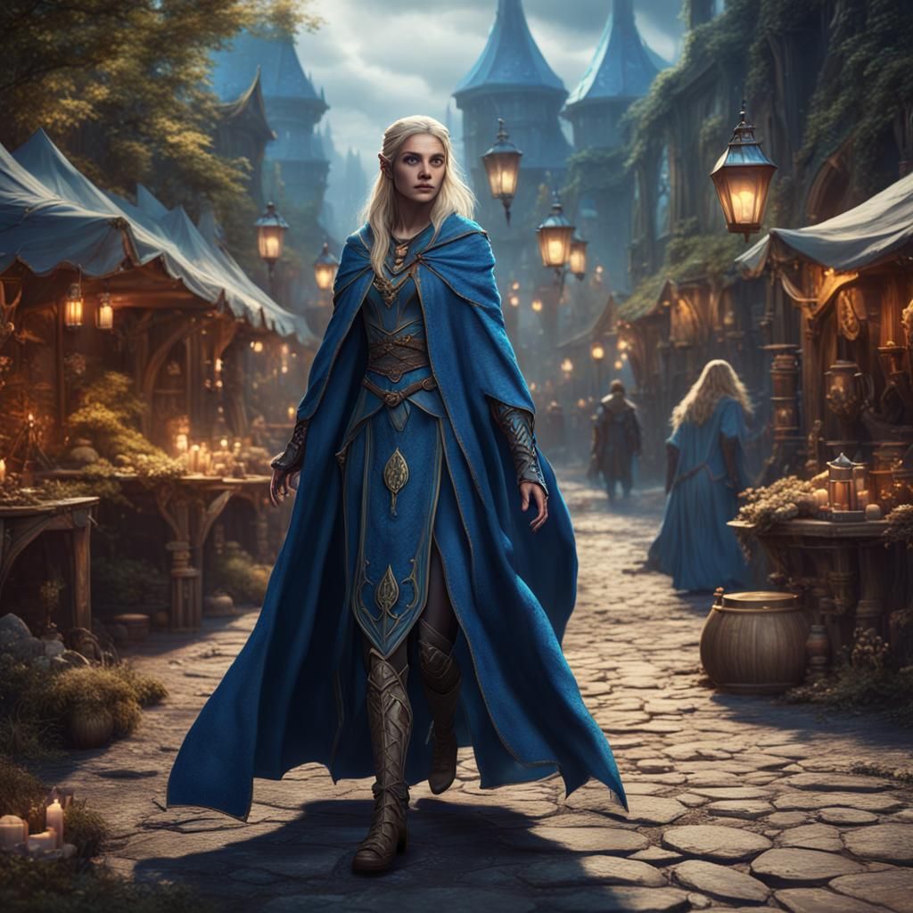 Beautiful blonde half-elf sorceress in blue cloak walking al...