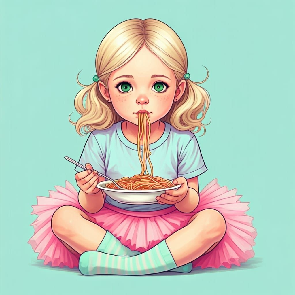 Girl Eating Spaghetti in Playful Pop Art Style
