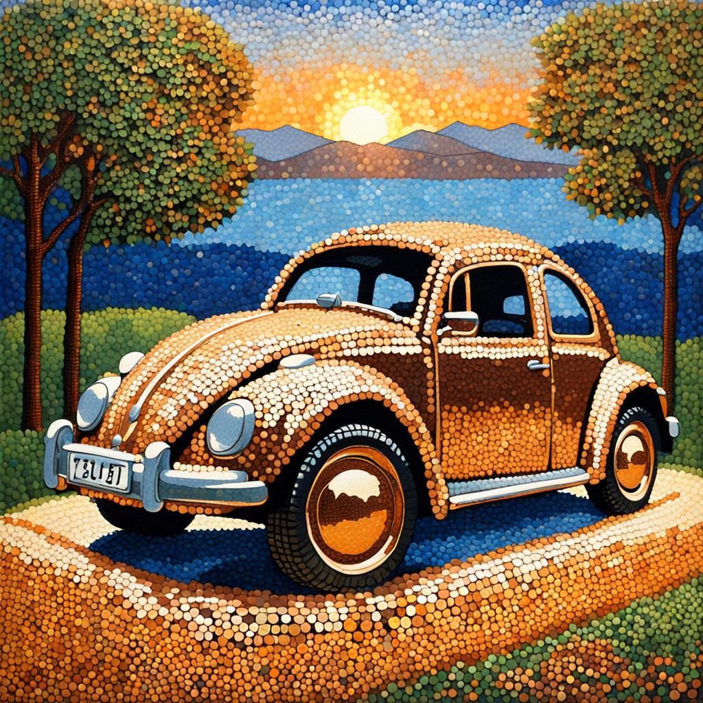 A vw beetle made of pennies, capturing a sunset over a tranquil countryside  Pointillism by Georges Seurat ...  by @Bonzo