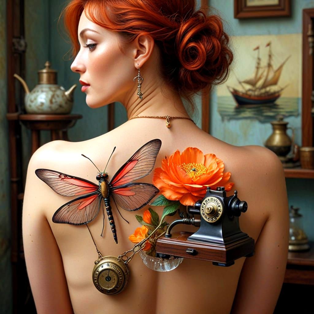 Surrealistic Portrait of a Vibrant Lady in Whimsical Scene